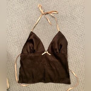 Satin Brown Halter Slip Top with Pale Pink Ties